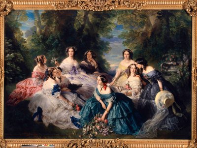 1855'te Impress Eugenie (1826-1920) sarayın onur kadınlarını kuşattı. Alt soldan sağa: Essling Prensesi, Büyük Hanım; Taş Baronesi, Vikontes Lezay-Marnezia (Lezay Marnezia); Montebello Markizi (Bayan de Villeneuve). İle by Franz Xaver Winterhalter