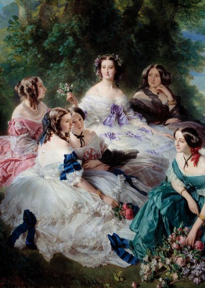 1855 yılında Impress Eugenie (1826-1920), Essling Prensesi, Taş Baronesi, Vikontes Lezay-Marnesia, beyazlar içinde İmparator ve Montebello Markizini temsil eden Detay Sarayı