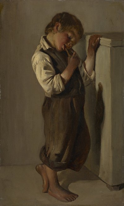 Oturma odasında ekmek yiyen çiftlik çocuğu by Franz von Lenbach