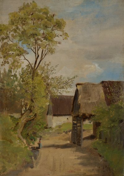 Aresing'deki (?) bir kadın figürlü köy sokağı by Franz von Lenbach