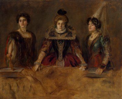 Grup portresi: kostümlü üç bayan (Bayan Heuberger, Bayan Obermayer ve Bayan Putz) by Franz von Lenbach