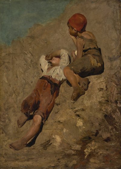 Bir yamaçta iki köylü çocuk by Franz von Lenbach