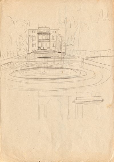 Matcha Atelier Villa için tasarım eskizleri - çeşmeli bahçeden görünüm by Franz von Matsch