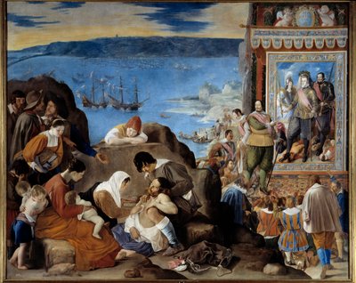 Fadrique Alvarez de Toledo y Mendoza (1580-1634) komutasındaki Portekiz, İspanyol ve Hint ordusunun Salvador de Bahia'yı (Brezilya) 1 Mayıs 1625'te ele geçirme alegorisi (Bahia'nın Brezilya'da yeniden ele geçirilmesi) - Sol: kurbanlar - Sağ by Fray Juan Batista Maino or Mayno