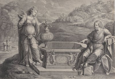 Sağda oturan İsa ve solda duran Samiriyeli kadın, yak. 1729. by Frédéric Horthemels