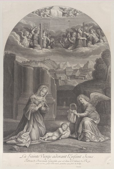 İsa çocuğuna tapan Meryem Ana, sağda dikenli bir taç tutan bir melek,..., yakl. 1729. by Frédéric Horthemels