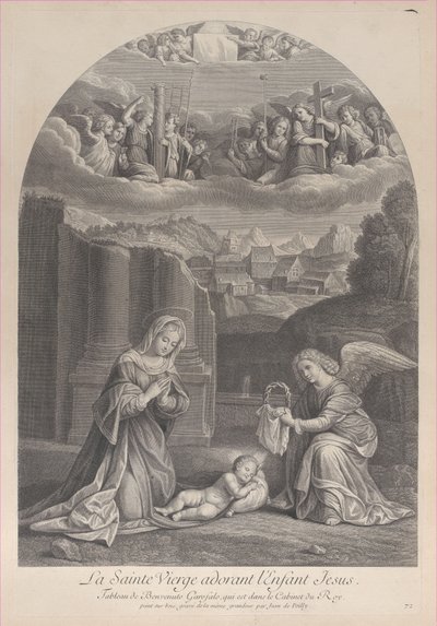 İsa çocuğuna tapan Meryem Ana, sağda dikenli bir taç tutan bir melek,..., yakl. 1729. by Frédéric Horthemels