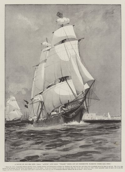 Eski Deniz Yaşamından Bir Dokunuş, HMS Active ve HMS Volage sadece Yelken altında Portsmouth Limanı'ndan çıkıyor by Fred T. Jane
