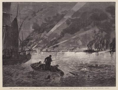 Dantzig deniz savaşı: bir Rus torpido botunun batması ve mürettebatın bir İngiliz yat tarafından kurtarılması (litho) by Fred T. Jane