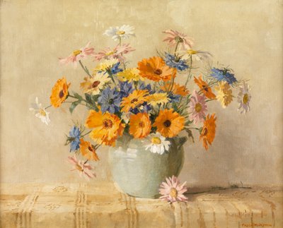 Sisteki Aşk, Kadife çiçeği, Oxeye Papatyalar (Tuval üzerine yağlı boya) by Freda Marston