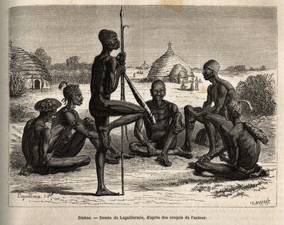 Koudj (Senegal) köyünden, vücudu böcek ve parazitlerden korumak için küllerle kaplı Dinkas, aynı zamanda kozmetik ve sosyal bir özelliktir. by Frederic Auguste Laguillermie