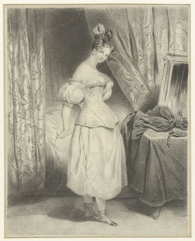 Genç kadın yatak odasında, korse korsesinin bağcıklarını çözüyor. by Frederic Bouchot