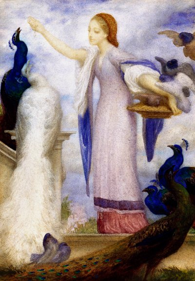 "Jene fille nourrissant les paons" Antik tarzda giyinmiş. Lord Frederic Leighton (1830-1896) (preraphaelite) tarafından yapılmıştır. by Frederic Leighton