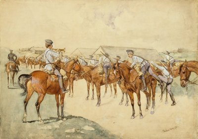 Silahlara Çağrı (Dragoons, Mount!) 1892-93 (kağıt üzerinde wc, guaj, kalem ve mürekkep, kurşun kalem ve gövde rengi) by Frederic Remington