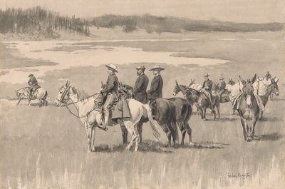 Baş-Sularda--Burgess Finding a Ford, yakl. 1893. by Frederic Remington