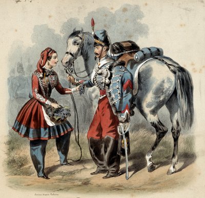 Fransız ordusu ve kantinleri: Hussard ve cantiniere de troupe de line. Gravür Frederic Sorrieu (1807 -? ) by Frederic Sorrieu