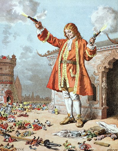 Jonathan Swift'in (1667-1745) 'Gulliver'in Seyahatleri'nden bir örnek, 'Hepsi yıldırım çarpmış gibi geriye düştü' by Frederic Theodore Lix