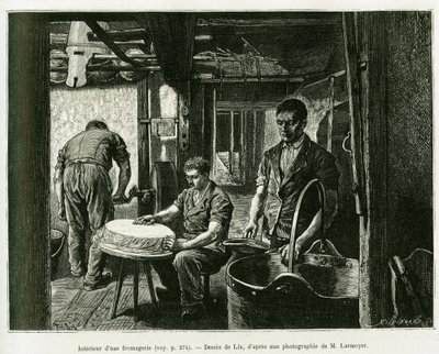 Bir peynir fabrikasının içinde. A Through Alsace ve Lorraine hikayesini göstermek için Lix tarafından gravür, Charles Grad tarafından, 1885 yılında, tur du monde 1887
