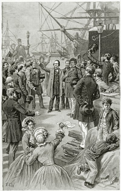Victor Hugo, 1 Ağustos 1852, 19. Yüzyılda sürgündeyken yaptığı bir konuşmada evrensel bir cumhuriyeti selamlıyor (bw gravür) by Frederic Theodore Lix