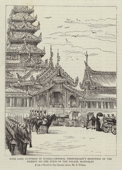 Lord Dufferin ile Burma'da, General Prendergast'ın Saray Basamakları'nda Valiyi Kabulü, Mandalay by Frederic Villiers