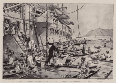 Samoa Sularında Bir İngiliz Savaş Gemisi, Meyve ve Sebze Ticareti Yapan Yerli Tüccarlar by Frederic de Haenen