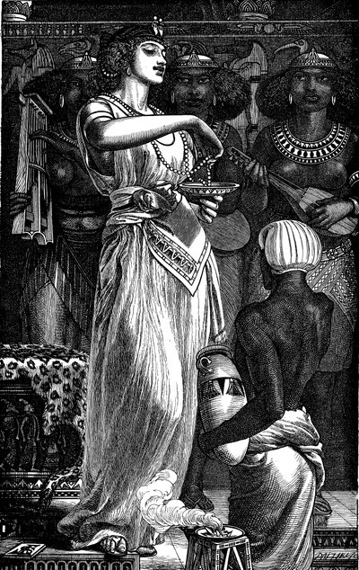 Kleopatra VII MÖ 69-30, Mısır Kraliçesi, incileri şarapta eritirken, 1866 by Frederick Augustus Sandys