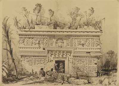 Las Monjas, Chichen Itza, Yucatan, 1843 (dokuma kağıt üzerinde sepya mürekkebi ve yıkama) by Frederick Catherwood