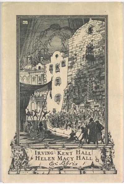 Bookplate: Irving Kent Hall ve Mary Kent Hall, Ex Libris yazılı by Frederick Garrison Hall