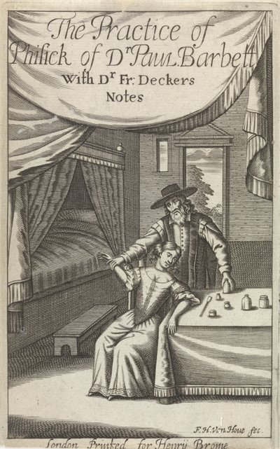Bir iç genç kadınla doktor Başlık sayfası: Dekkers, F., The Practice of Phisick of Dr. Paul Barbett by Frederick Hendrick van den Hove