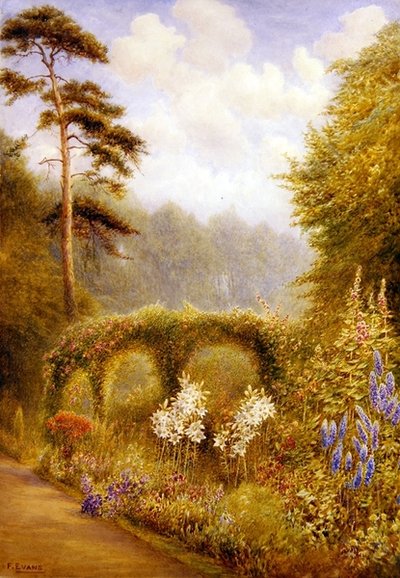 Zambaklar ve Delphiniums, Golden Hill Park, Londra (kağıt üzerine suluboya) by Frederick Henry Evans