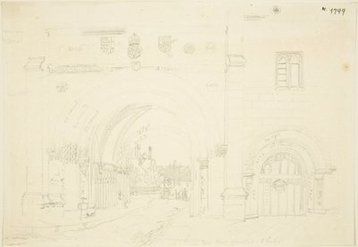 Abbey Gatehouse of Bristol Katedrali, Güneye Bakmak (kağıt üzerine kurşun kalem) by Frederick Mackenzie