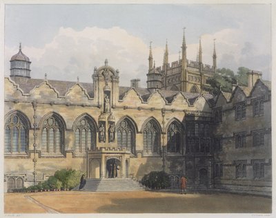 Oriel Koleji'nin dış cephesi, FC Lewis (1779-1856) pub tarafından oyulmuş 'Oxford Tarihi'nden bir örnek. R. Ackermann, 1813 (aquatint) tarafından by Frederick Nash