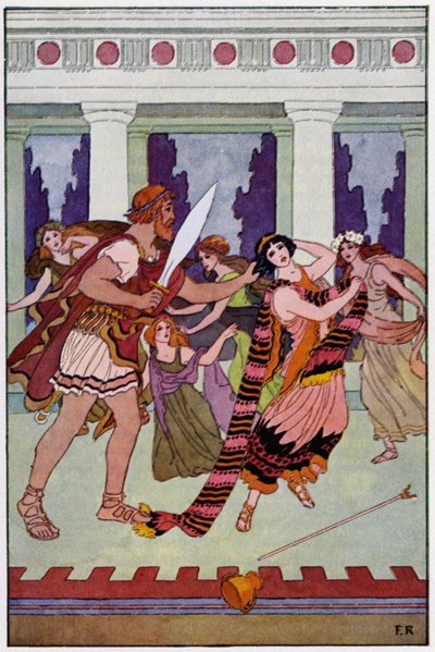 Ulysses, büyücüyü güzel buklelerinden yakaladı (renkli lito) by Frederick Richardson