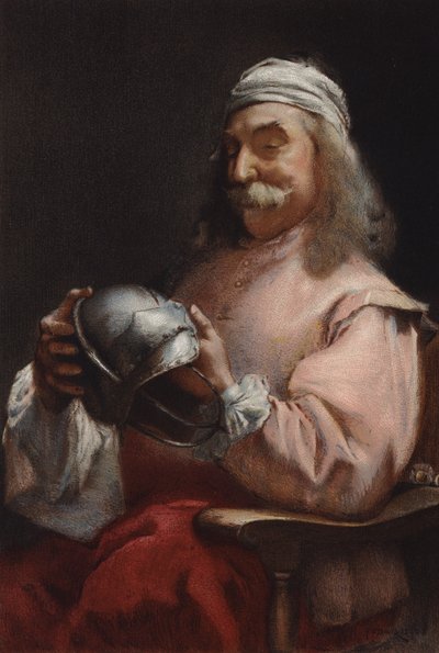 Muhtaç Bir Arkadaş, miğfere bakan bir adamın portresi (chromolitho) by Frederick William Davis