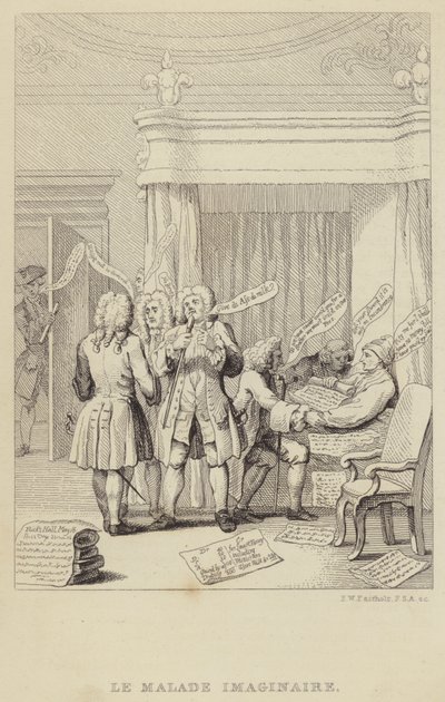 Le Malade Imaginaire: yazar ve botanikçi John Hill'i yatakta, hepsi ücretlerini güvence altına almaya kararlı bir dizi doktor tarafından danışılırken tasvir eden hiciv by Frederick William Fairholt