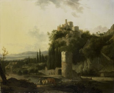 Yuvarlak kuleli Italina manzarası by Frederick de Moucheron