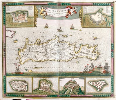 Müstahkem kasabalar La Cane ve Kandiye ve Spinalonga, Retino, Thine ve Souda kalelerinin manzarasına sahip Girit adasının haritası (gravür by Frederick de Wit