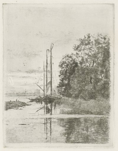 İki gemi ve bir mavna ile nehir manzarası. by Fredericus Jacobus van Rossum du Chattel (signed by artist)