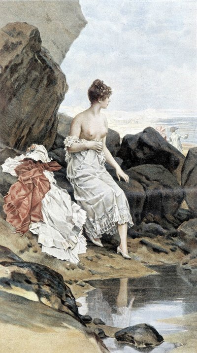 Deniz kenarında saklanarak yıkanan kadın - yaz alegorisi, Hubert Dys tarafından gösterilen takvim, F.H. Kaemmerer tarafından boyanmış by Frederik Hendrik Kaemmerer