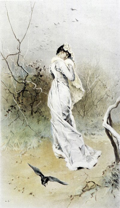 Bir ormandaki kadın - erken kış alegorisi, Hubert Dys tarafından gösterilen takvim, F.H. Kaemmerer tarafından boyanmış by Frederik Hendrik Kaemmerer