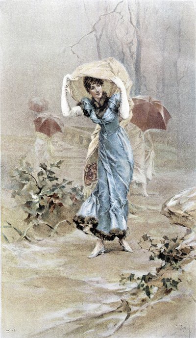 Kendini yağmurdan koruyan kadın - erken sonbahar alegorisi, Hubert Dys tarafından gösterilen takvim, F.H. Kaemmerer tarafından boyanmış by Frederik Hendrik Kaemmerer