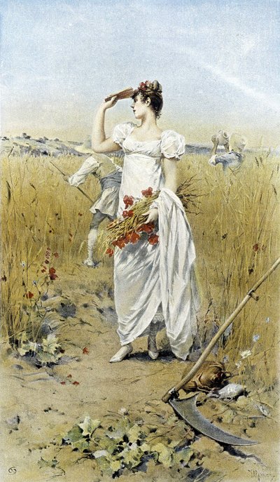 Buğdaylı ve haşhaşlı kadın - yaz sonu alegorisi, Hubert Dys tarafından gösterilen takvim, F.H. Kaemmerer tarafından boyanmış by Frederik Hendrik Kaemmerer