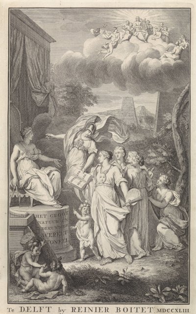 Minerva ve Tahtlı Bir Figür için Sanat Başlık sayfası: The Groot Natuur- en Zedekundigh Wereldtoneel, Delft, R. Boitet, 1743 by Frederik Ottens