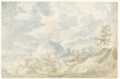 Bir vadi (Tuna?) ve bir kilise kulesi manzaralı dağ manzarası by Frederik van Valckenborch