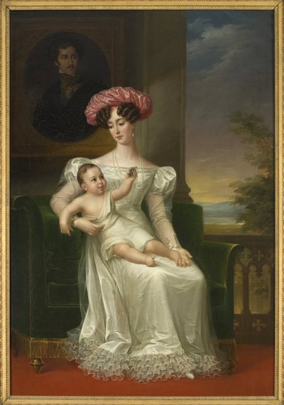 Josephine of Leuchtenberg, İsveç ve Norveç Kraliçesi (kollarında oğlu Charles XV, Kral I. Oscar