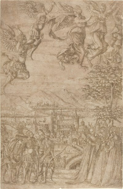 Bir Kral ve Maiyeti, Göksel Bir Savaşta Leydilerle Karşılaşıyor by French 17th Century