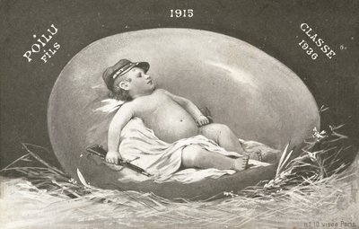 1915, yumurta içinde silahlı bebek askeri gösteren Paskalya kartı by French Photographer