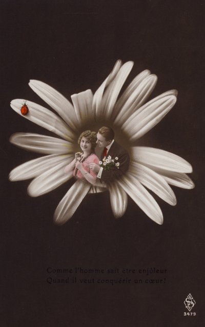 Uğur böceği ile bir çiçeğin ortasında genç bir çift (renkli fotokolaj) by French Photographer