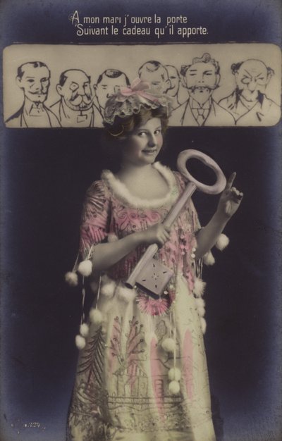 Elinde büyük bir anahtar tutan ve aralarından bir koca seçeceği birkaç erkeği işaret eden genç bir kadın (renkli fotokolaj) by French Photographer