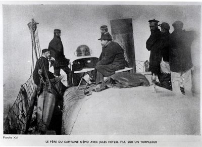 Jules Verne (1828-1905) ve Jules Hetzel oğlu bir torpido üzerinde. by French Photographer